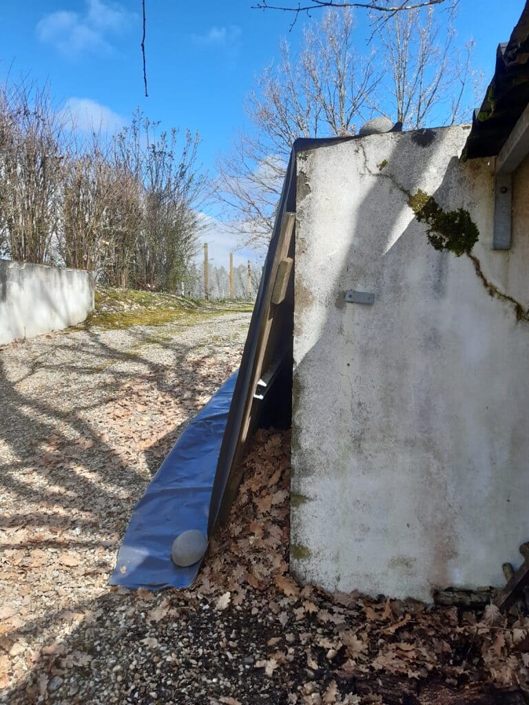 Une planche en bois crée une maison pour hérisson en forme de tipi. Une bâche est déposée dessus et des feuilles mortes se trouvent à l'intérieur.