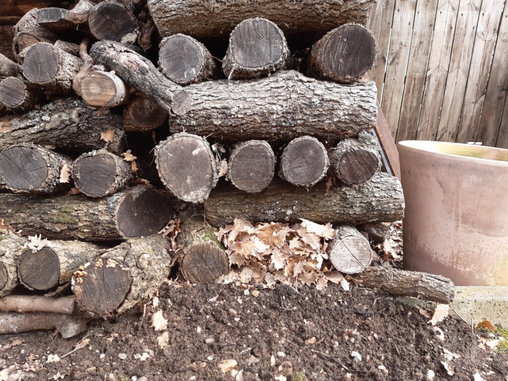 Tas de bois ordonné. Un trou rempli de feuilles mortes représente une maison pour hérisson.