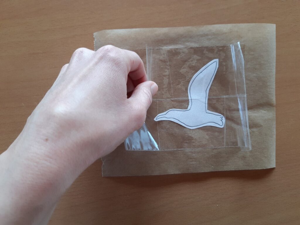 Contour d'oiseau entre 2 bouts de scotchs sur une feuille de papier cuisson sur une table en bois.