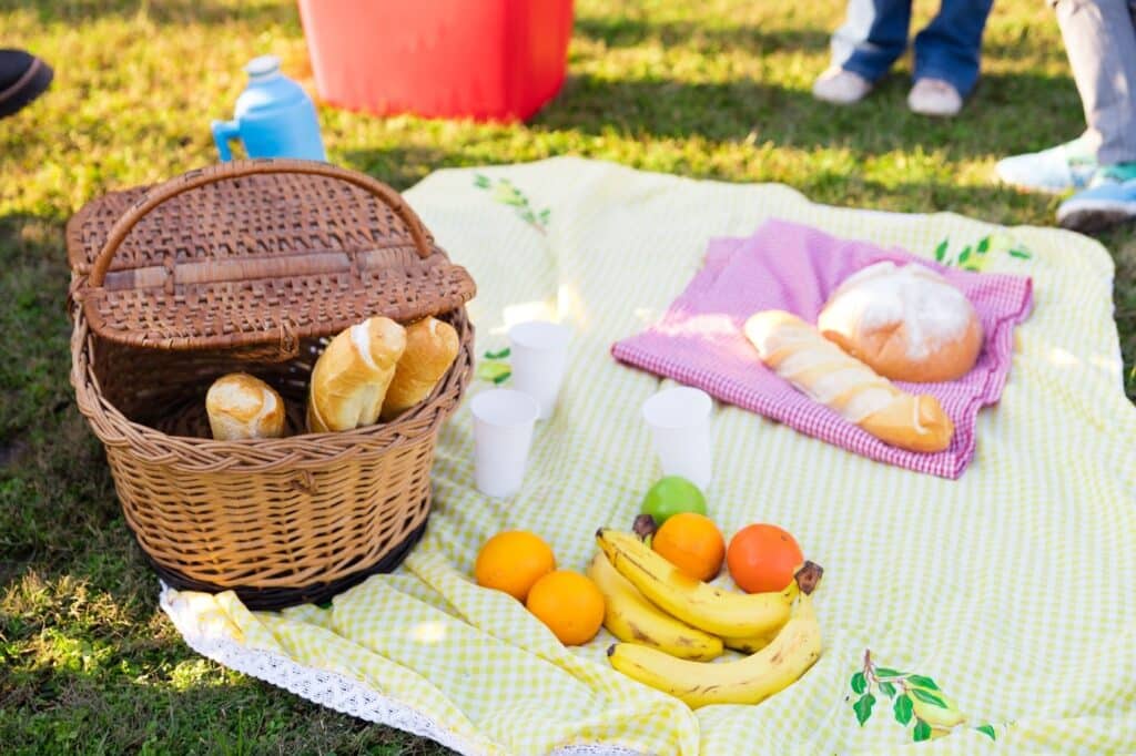 Pique-nique dans l'herbe. Nappes, pains, fruits et gourde sont visibles.