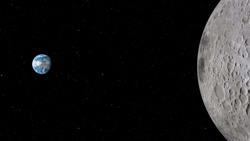 Terre et Lune sur une même image. La vue est prise proche de la Lune.