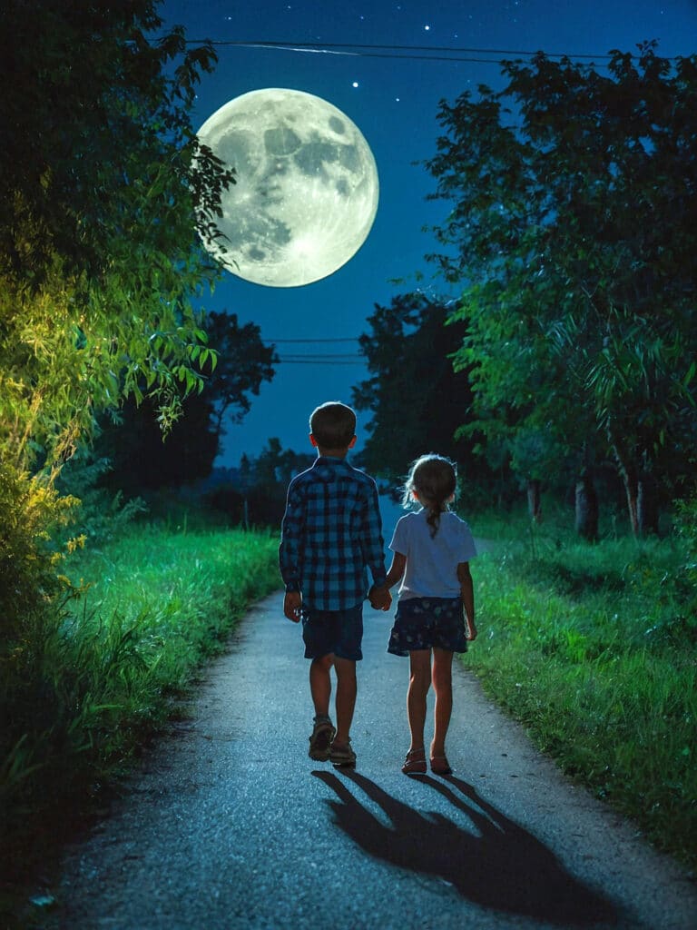 2 enfants marchent la nuit devant la Lune