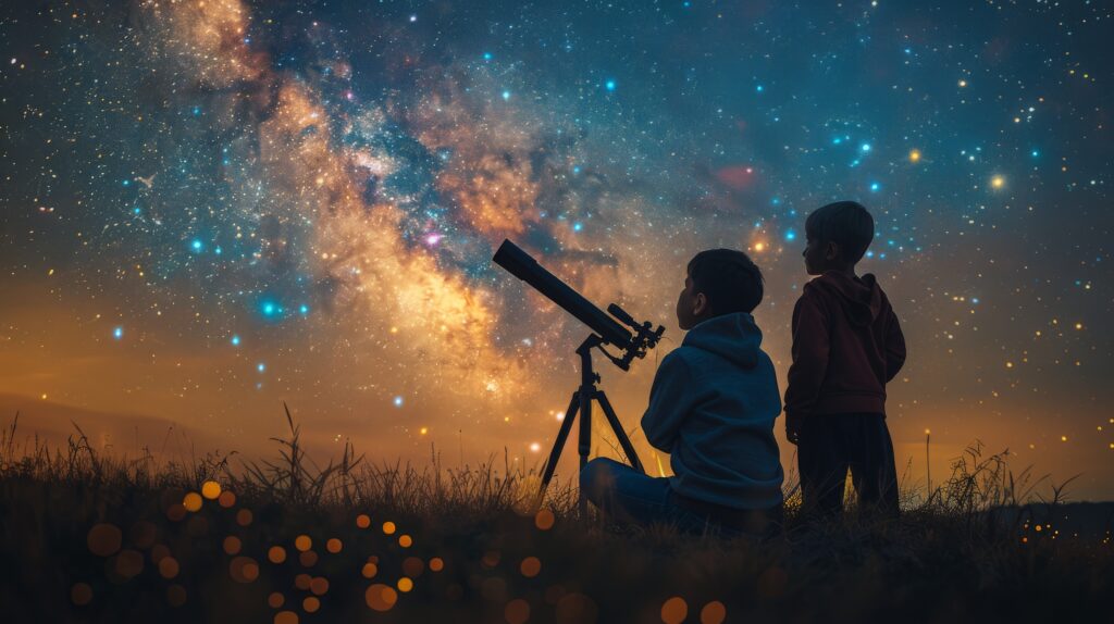 2 jeunes garçons observent le ciel étoilé. Ils sont assis dans l'herbe et un télescope est près d'eux.