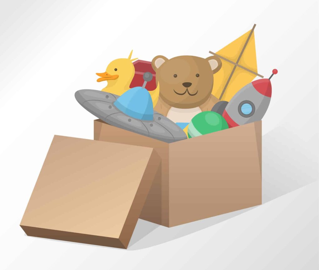 Boîte en carton remplie de jeux d'enfants
