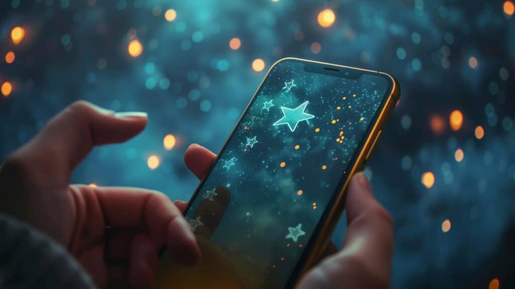 Application d'astronomie pour l'observation du ciel. Une personne tient son téléphone devant le ciel étoilé.
