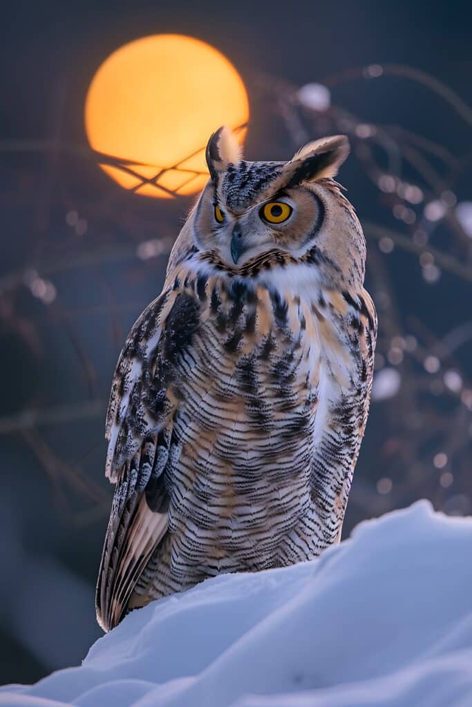 Un hibou dans la neige au couché du soleil.