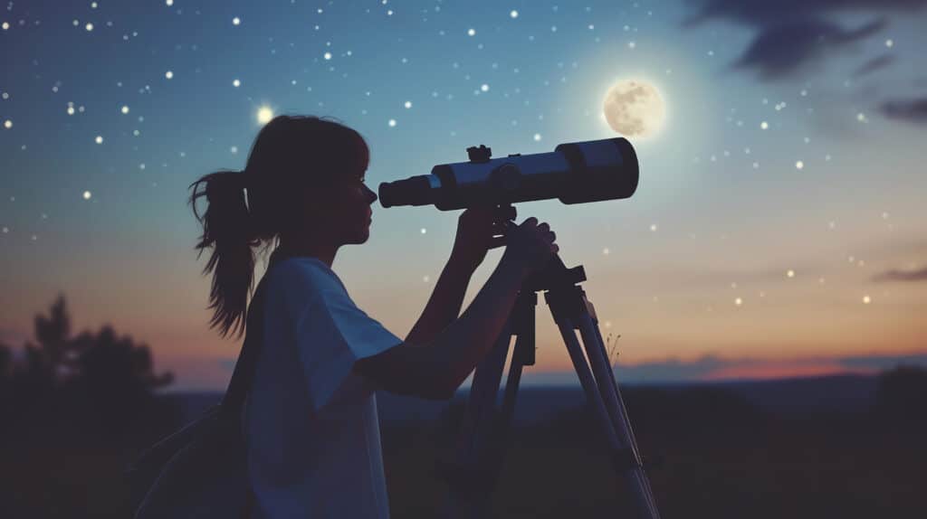Jeune fille qui observe le ciel étoilée avec une lunette astronomique