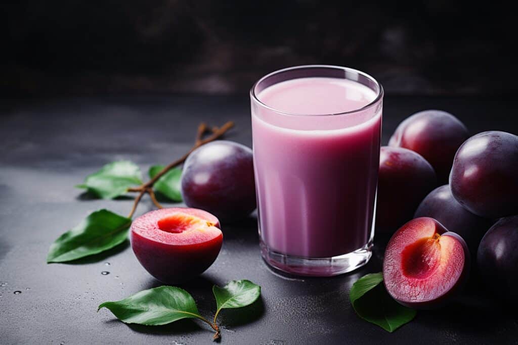 Smoothie à la prune. Prunes autour du verre.