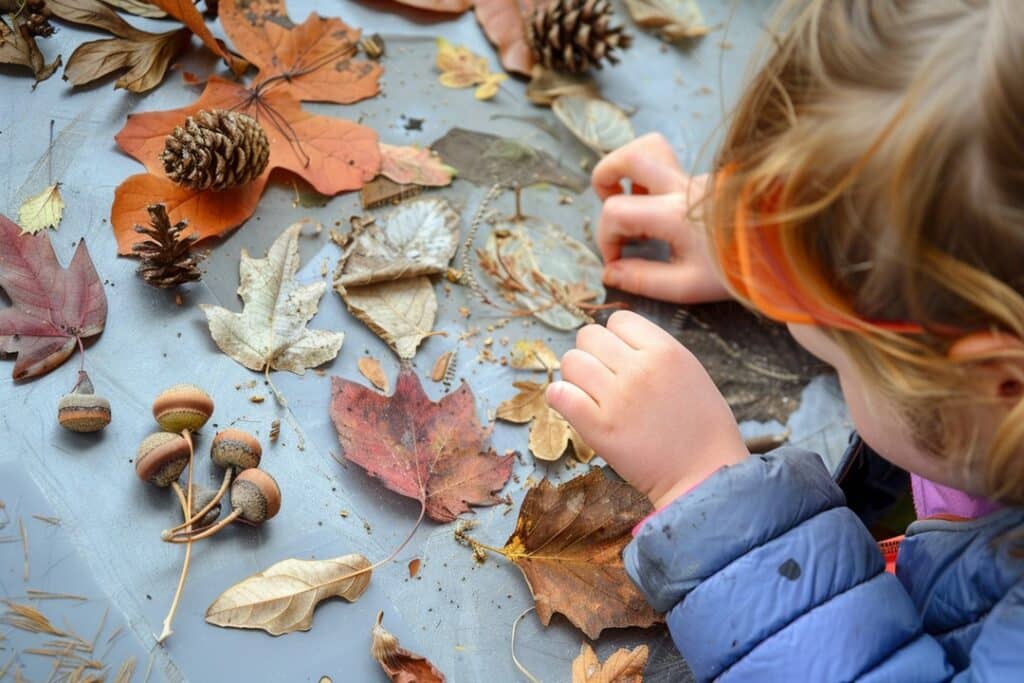 Un enfant fabrique un bijou pour un arbre.
