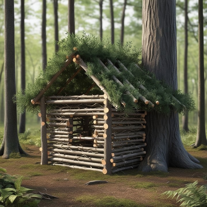 Cabane construite contre un arbre