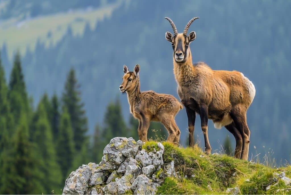Cabri et chamois sur un rocher.