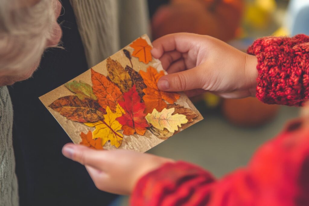 Carte décorée par des feuilles d'arbre d'automne par un enfant.