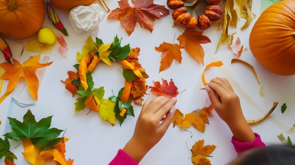 Création d'une couronne de feuilles en automne.