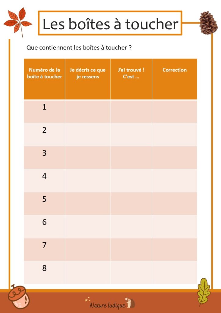 Fiche boîte à toucher à remplir par les enfants.
