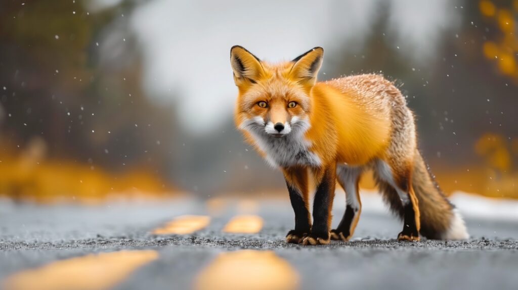Un renard sur une route. Il neige.
