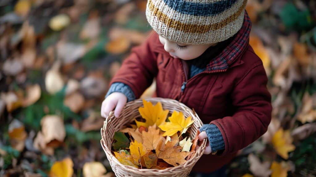 Un enfant qui récupère des feuilles en automne dans un panier.