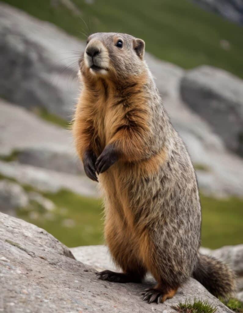 Une marmotte debout sur ses pattes arrières.