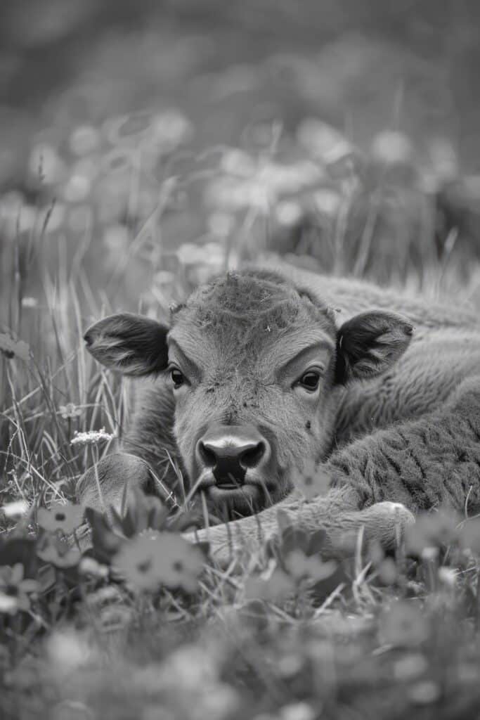 Un veau allongé dans l'herbe.