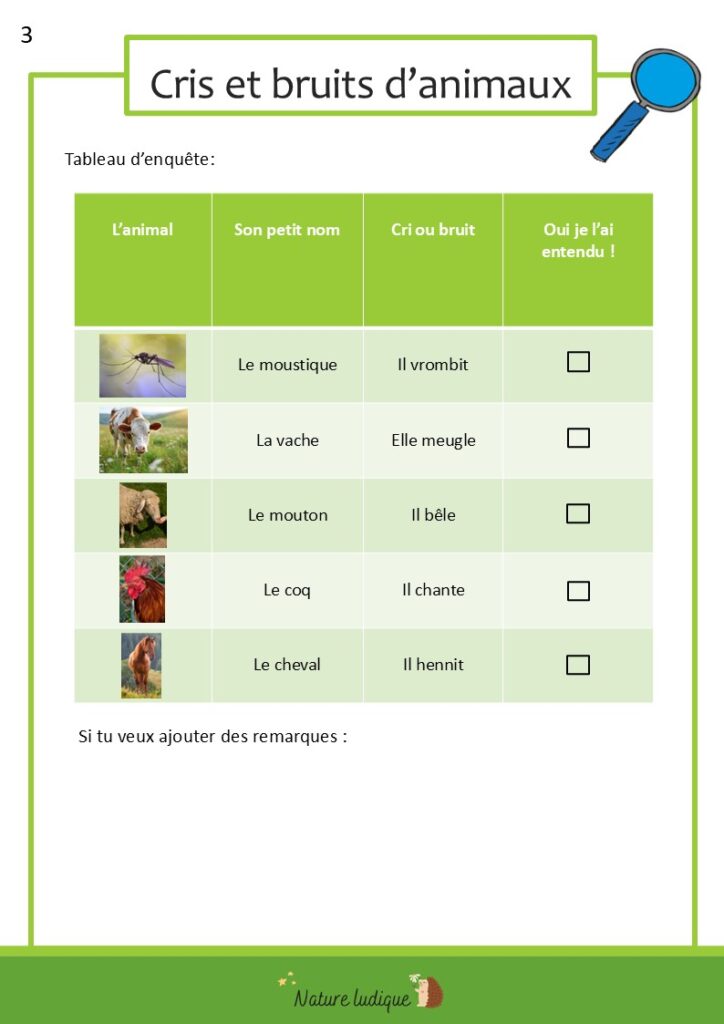 Fiche activité les cris et les bruits des animaux page 3