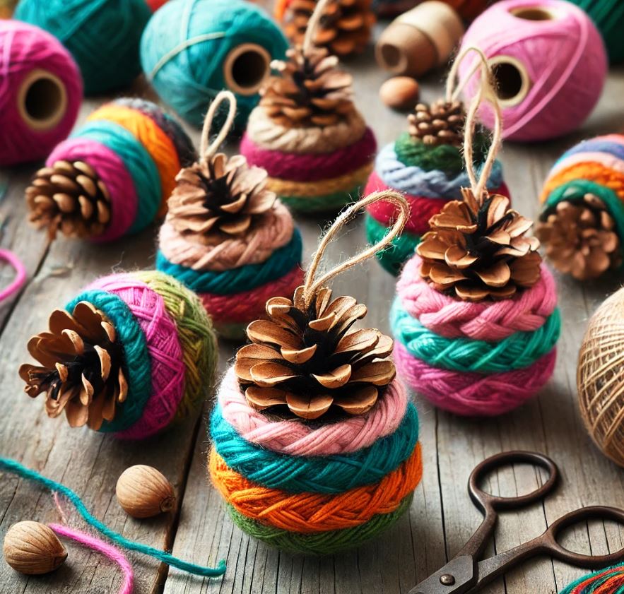 Des pommes de pin décorées avec des morceaux de laines de différentes couleurs tressées