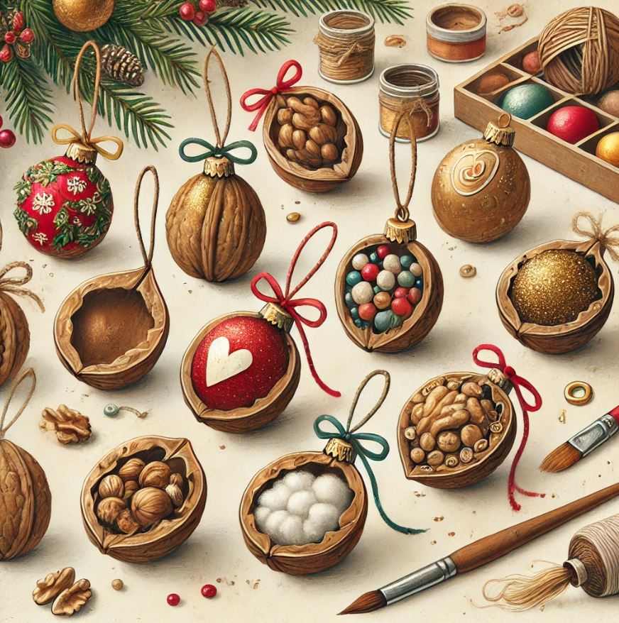 Coquilles de noix décorées pour sapin de Noël