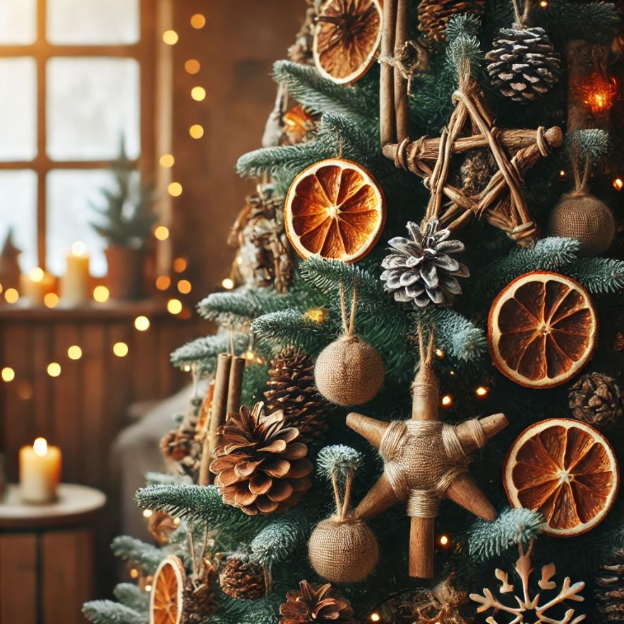 Sapin de Noël décoré avec des éléments naturels