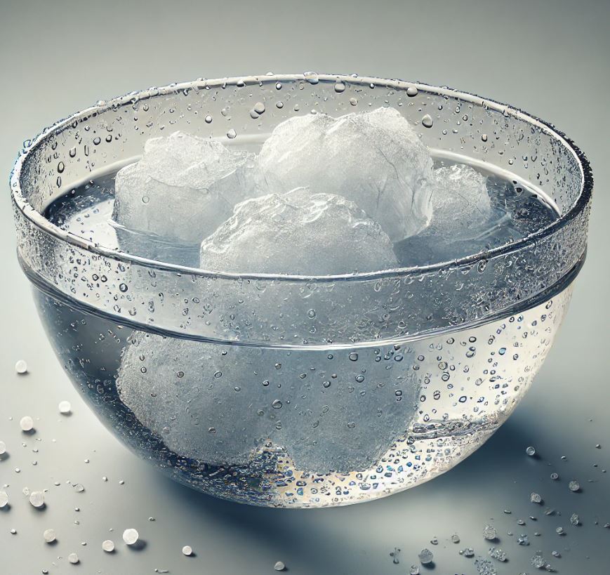 Bol d'eau glacée qui fond progressivement à température ambiante