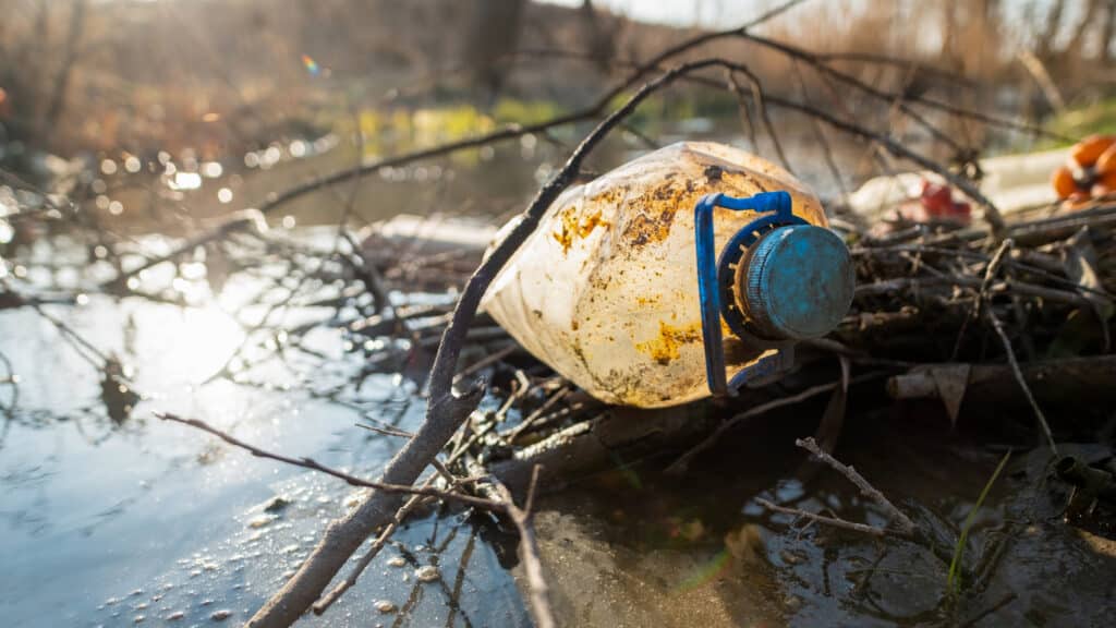 Déchets et rivière polluée