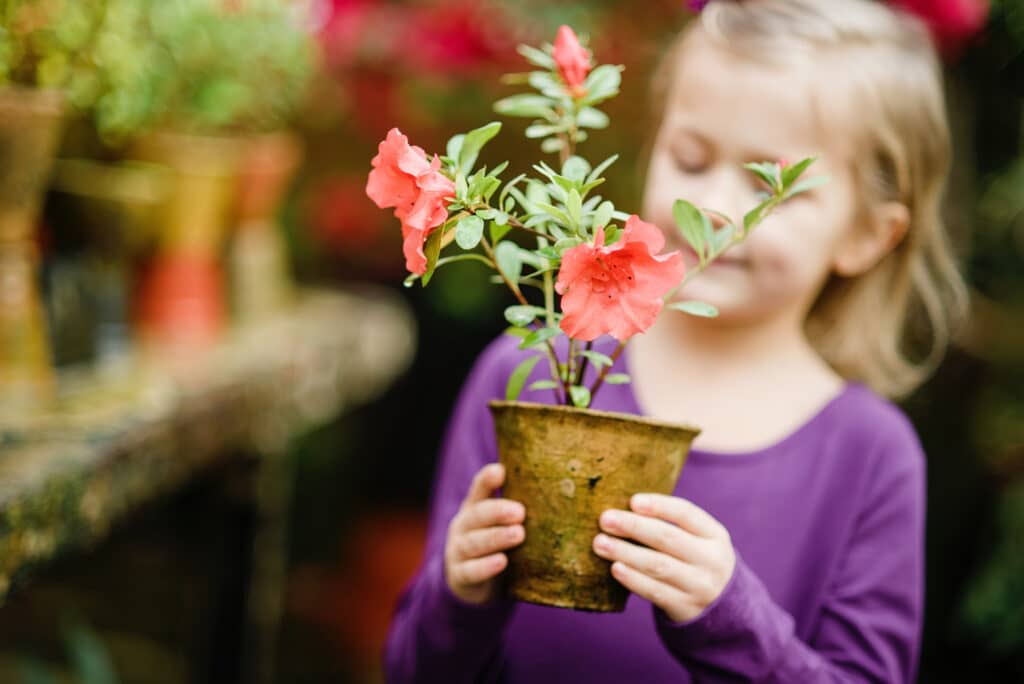 Fleurs dans un pot avec une petite fille